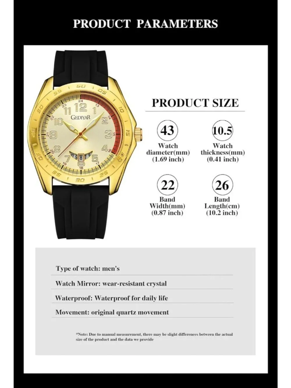 Men's Black Gold Analog Rubber Silicone Band Arabic Numbers Casual Wrist Watch